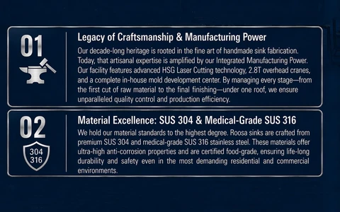Roosa Sink craftsmanship, manufacturing equipment and SUS 304/316 material overview