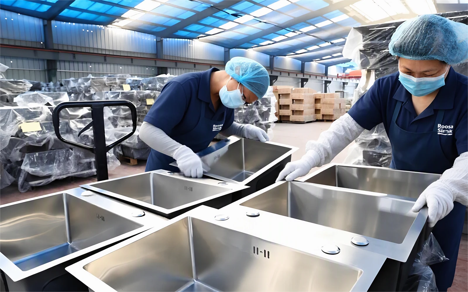 Quality Inspection Workshop at Roosa Sink. Sink inspection on the factory floor.