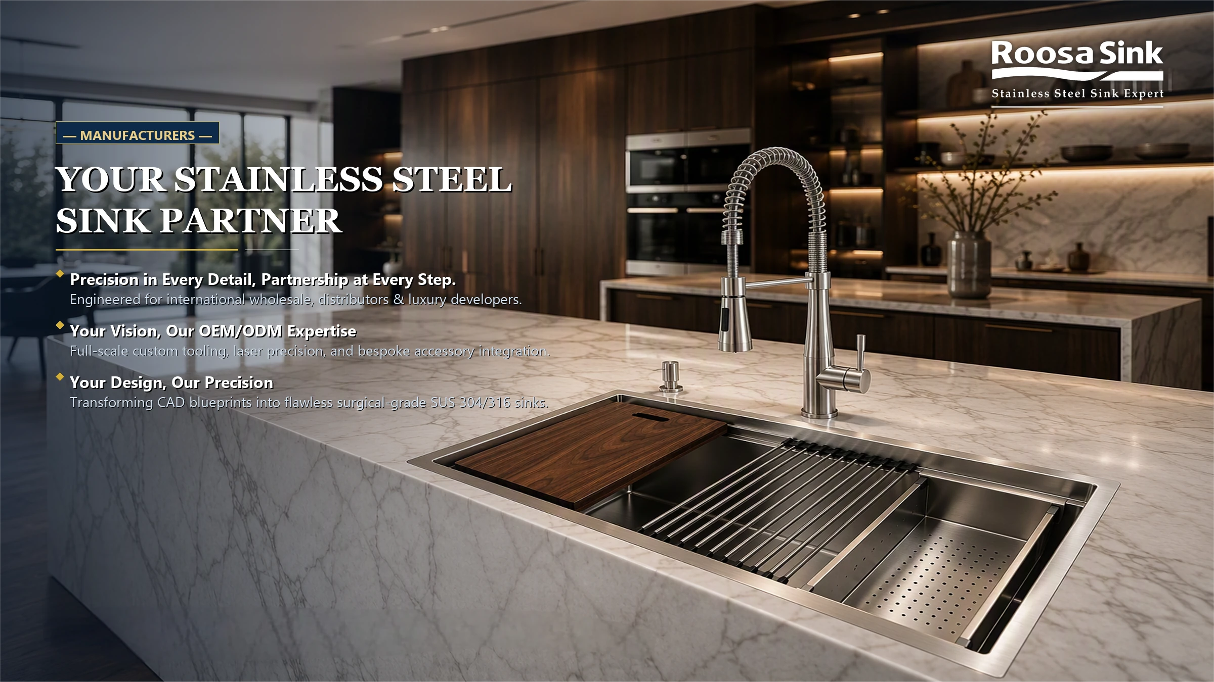 Roosa Sink — Your Stainless Steel Sink Partner. Kitchen workstation sink, manufacturing and OEM / ODM banner.