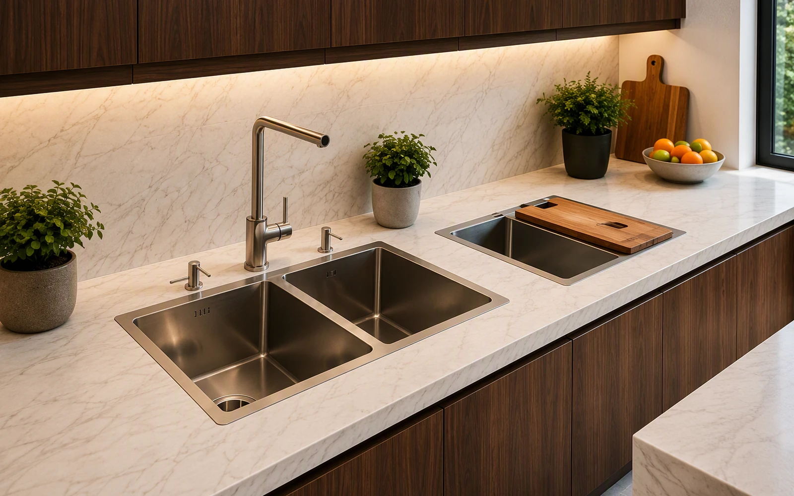 Stainless steel sink in a kitchen display