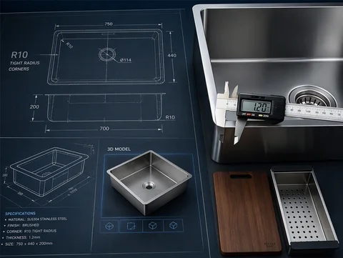 Sink CAD drawing and a physical sink sample checked with a caliper