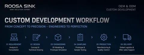 Custom development workflow: requirements, design, engineering, sampling, production and delivery